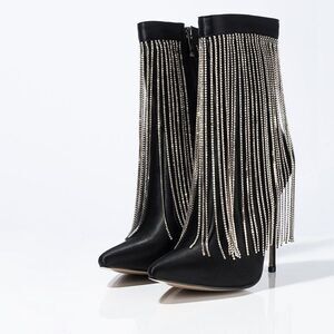 Black Satin Stiletto Ankle Boots with Chain Fringe Embellishment Womens 10 EUC